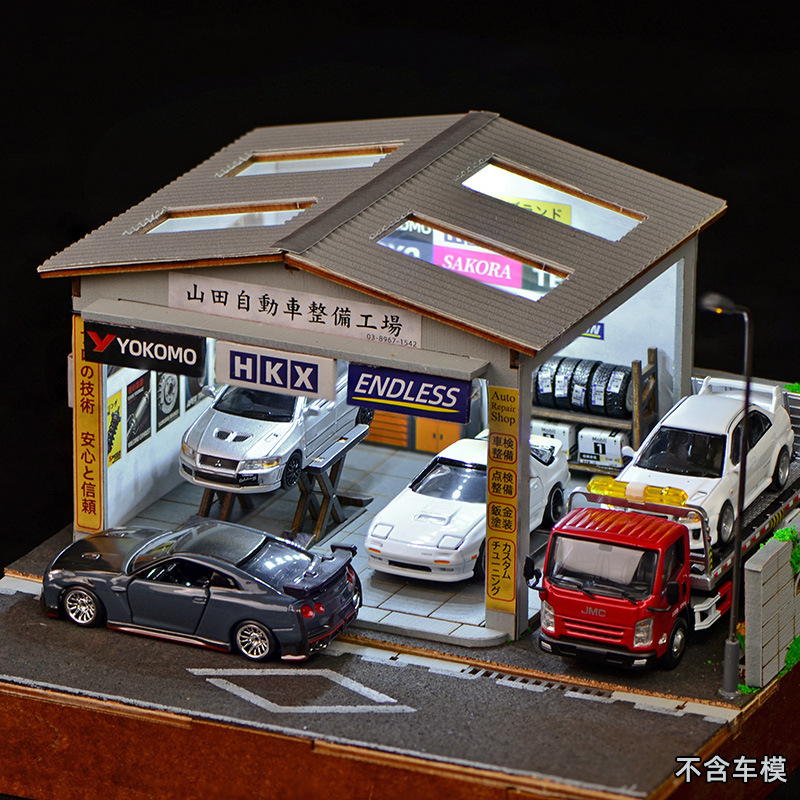 Auto Repair Shop - 1:64スケールDIY自動車修理工場ジオラマキット（LEDライト付き）、ミニチュアガレージワークショップ（模型車展示用）